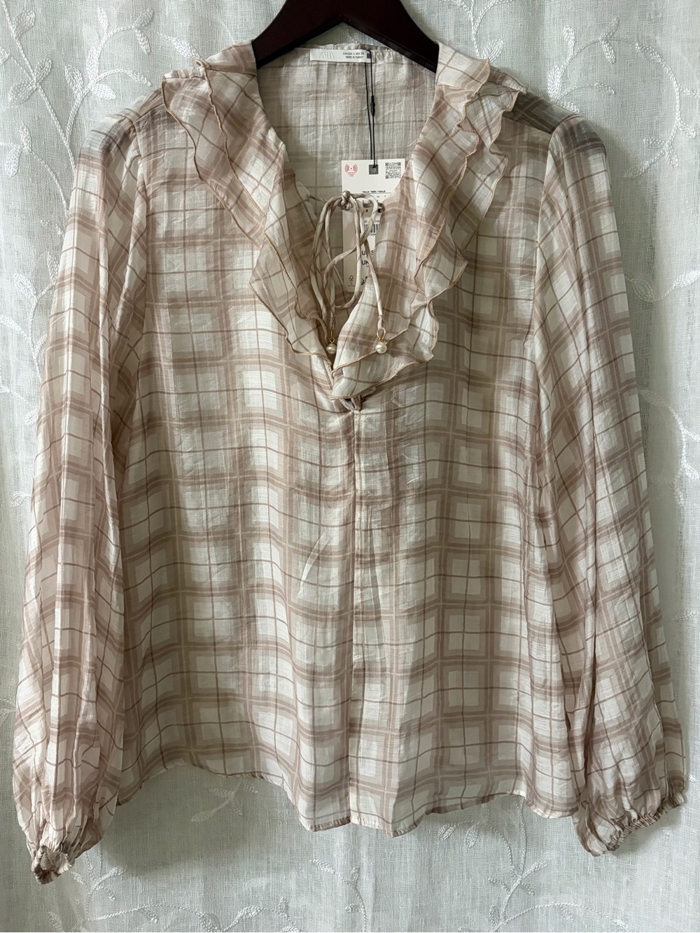 Zara Beige and Cream Plaid Ruffled Tie-Neck Blouse